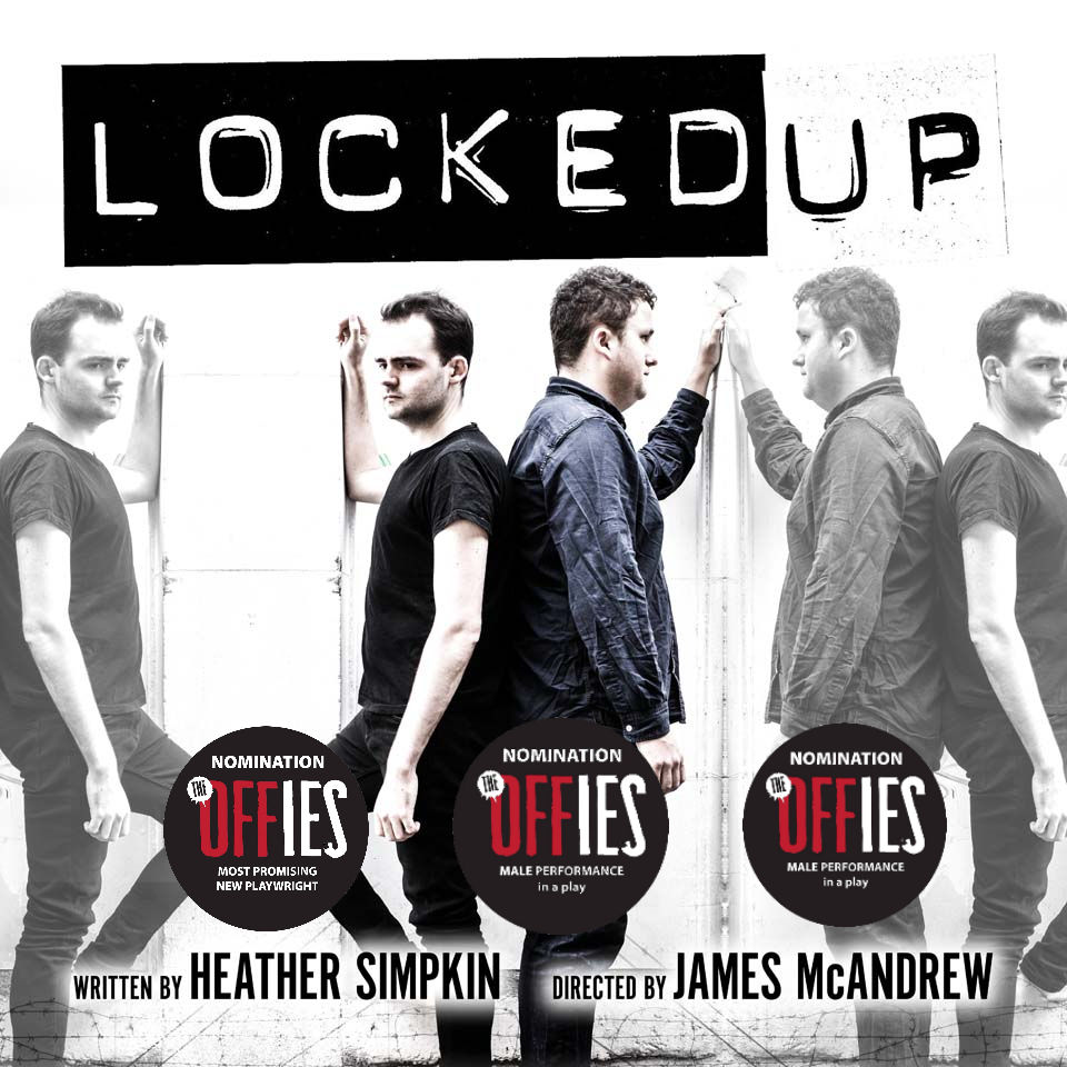 Locked Up play poster with two young men facing toward each other and away from each other in multiple mirror images