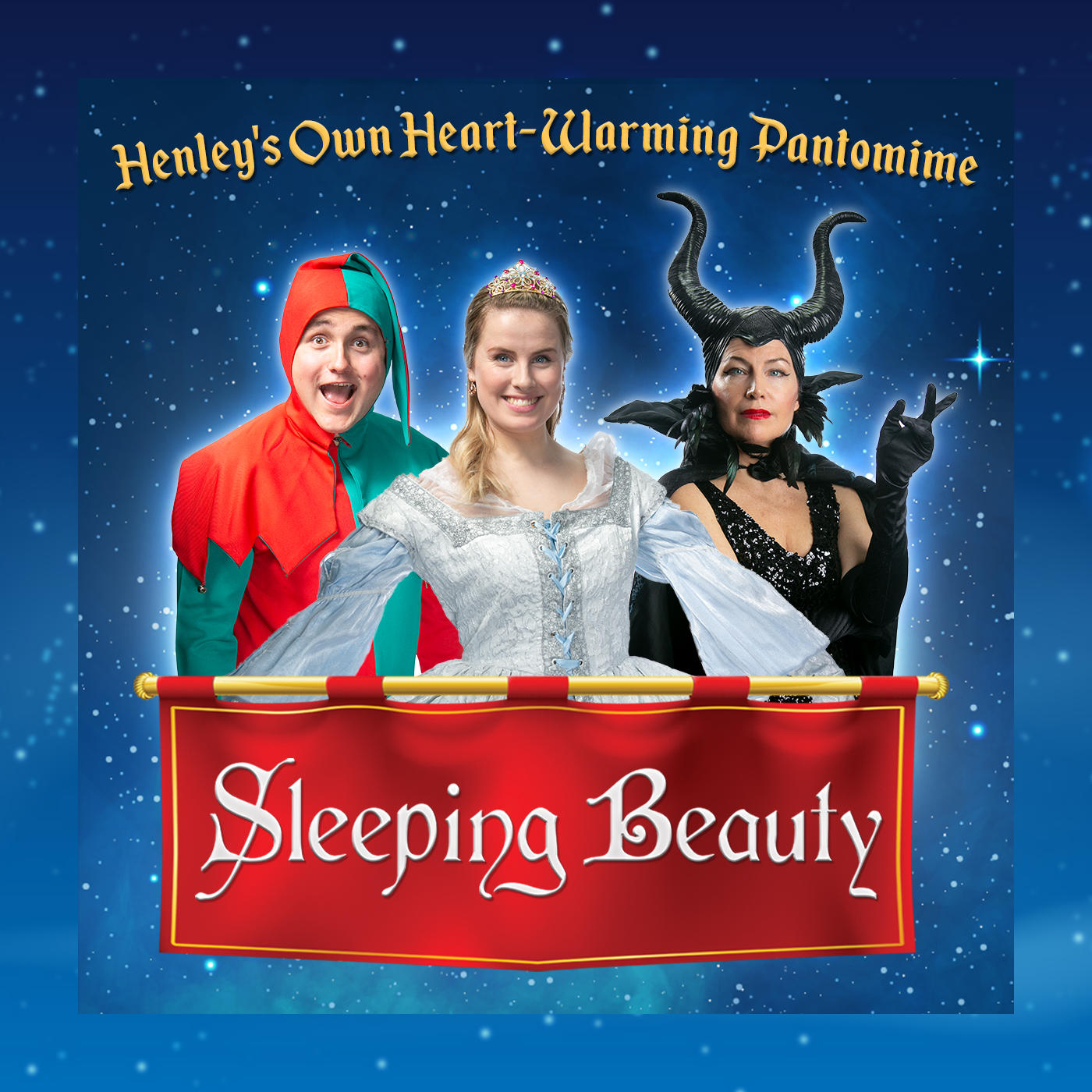 Sleeping Beauty 2019 Pantomime poster showing Buttons, Beauty and Malificent with a medaeval banner reading Sleeping Beauty on a starry blue background