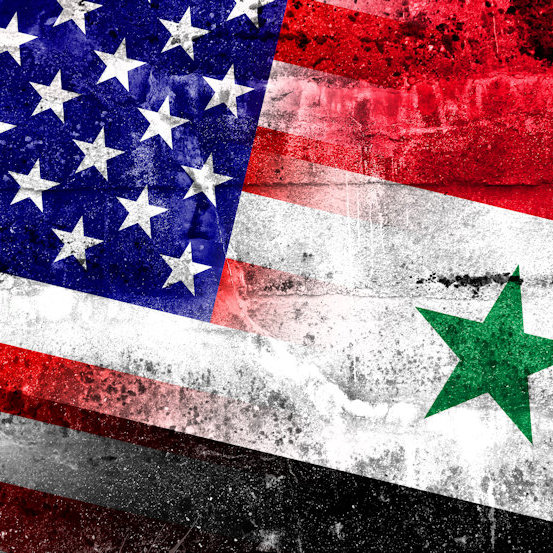 A diagonal blending of the flags of USA and Syria juxtaposed
